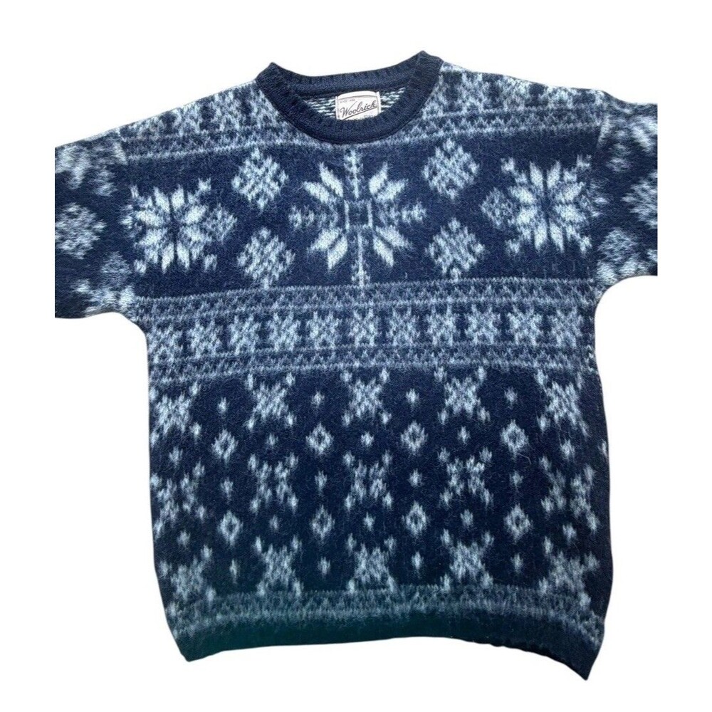Vintage Woolrich Women’s S Wool Sweater Made USA Fair Isle Snowflake Nordic Navy